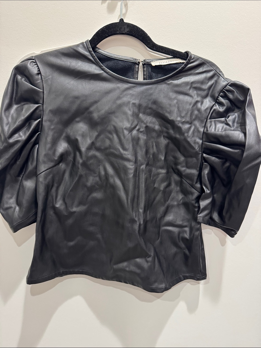 Ellison Black Faux Leather Puff-Sleeve Top